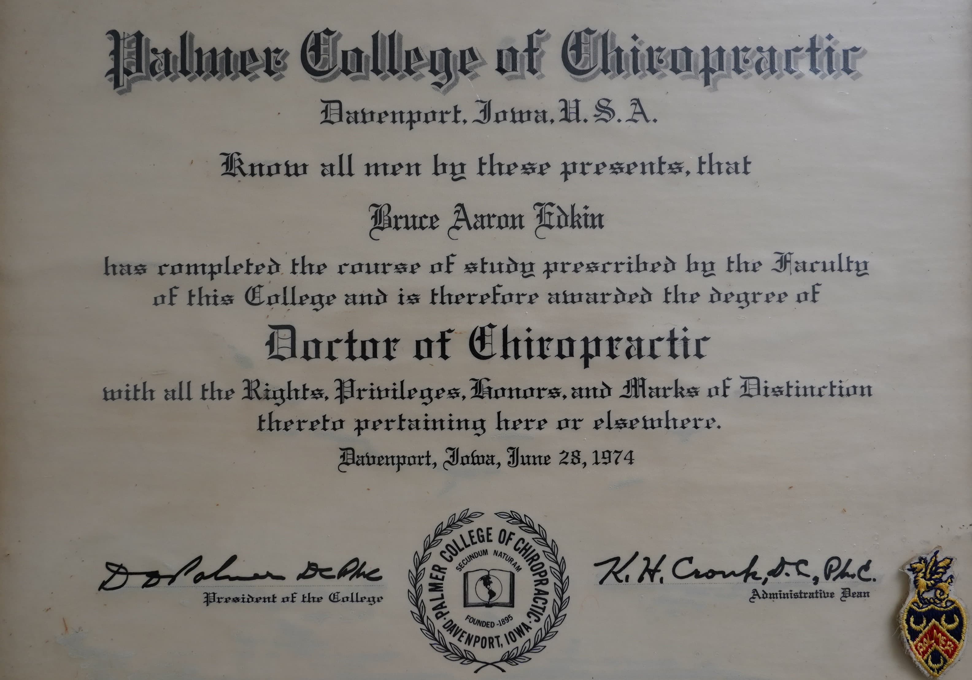 Doctor of Chiropractic, Palmer College. The 2nd generation continues.